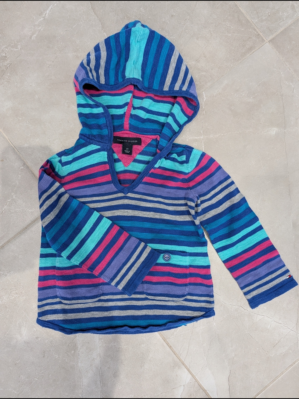 5/$35 Tommy Hilfiger Striped Hoodie 2T Blue Pink Cotton Pullover